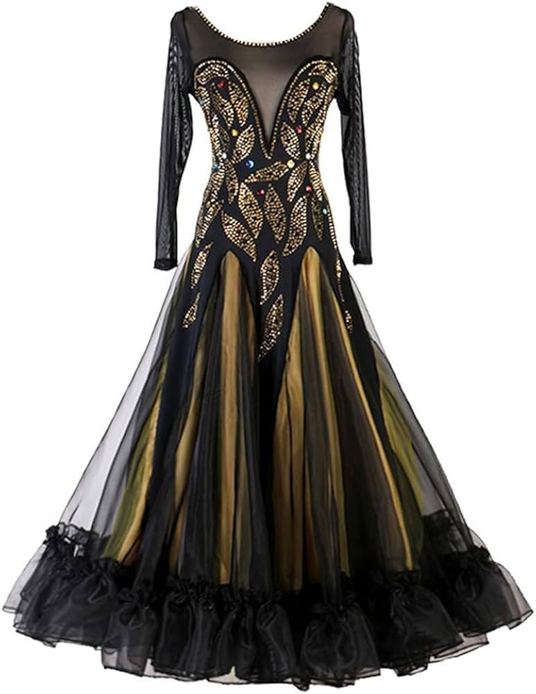 Amazon.co.jp: LNIGHT 黒金 豪華な社交ダンスドレス モダンダンス 長袖