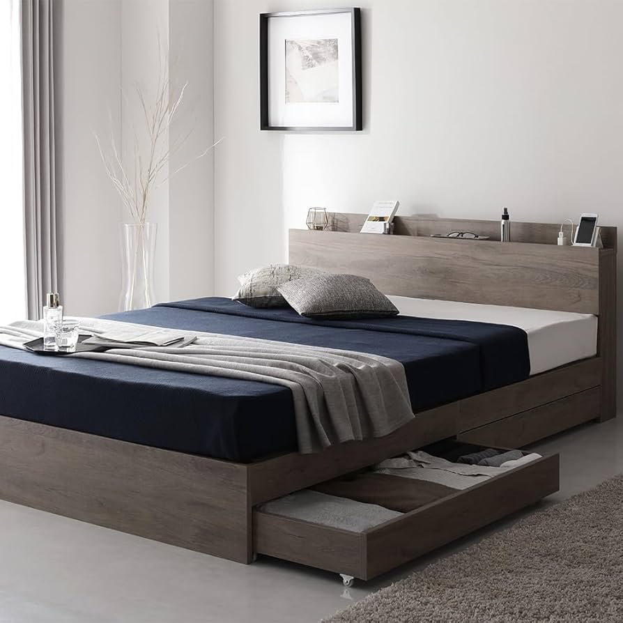 Amazon｜RASIK ベッド ダブル フレームのみ グレージュ 収納付き