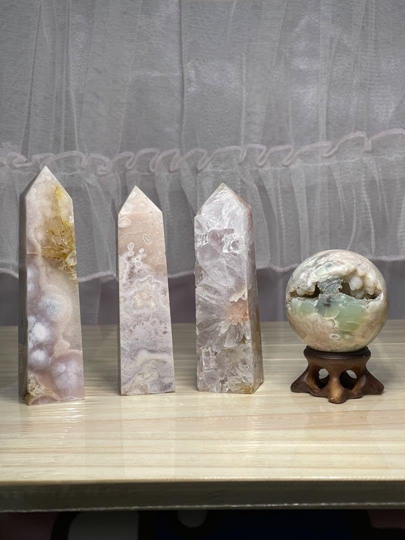 Amazon | ピンクアメジストタワー 桜瑪瑙 天然石 丸玉 台座付き 4点