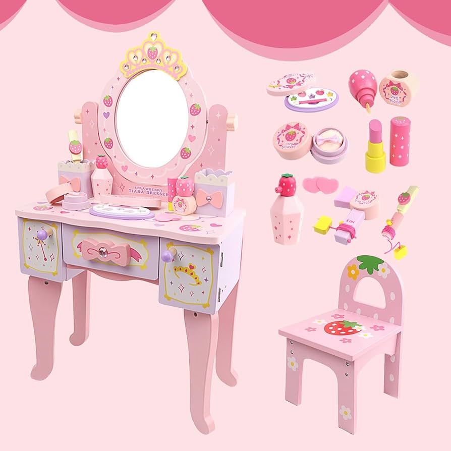 Amazon｜ガールズ ドレッサー 姫系鏡とスツール付き化粧台 ピンク