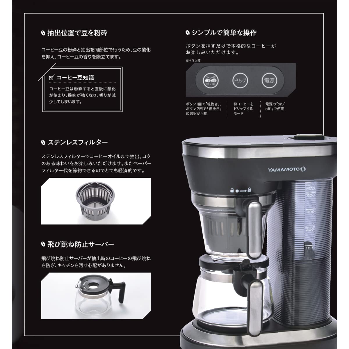 Amazon | 山本電気 全自動コーヒーメーカー ドリップ式 ミル付き 450ml