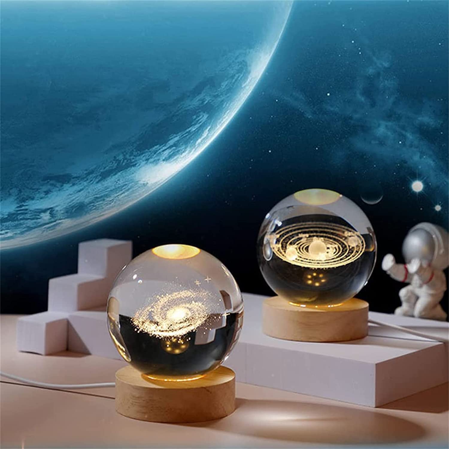 Amazon.co.jp : 3Dプラネットクリスタルボールナイトライト、木製