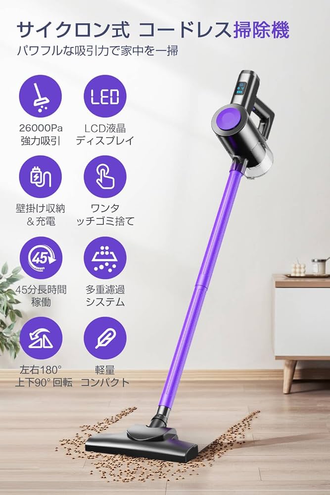Amazon | 掃除機 コードレス 【2025進級版&26000pa超強力吸引&LCD