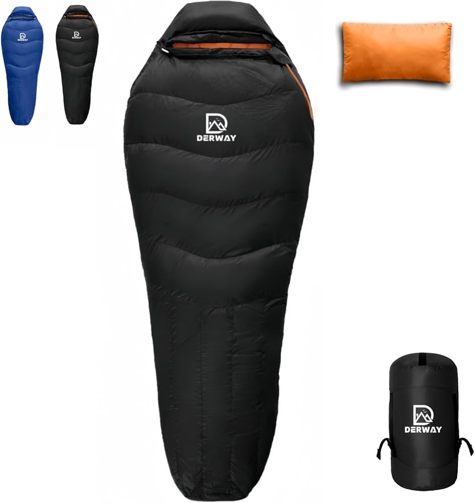 Amazon.co.jp: DERWAY ダウン寝袋 冬用 軽量 枕付き (220*85cm) ワイド