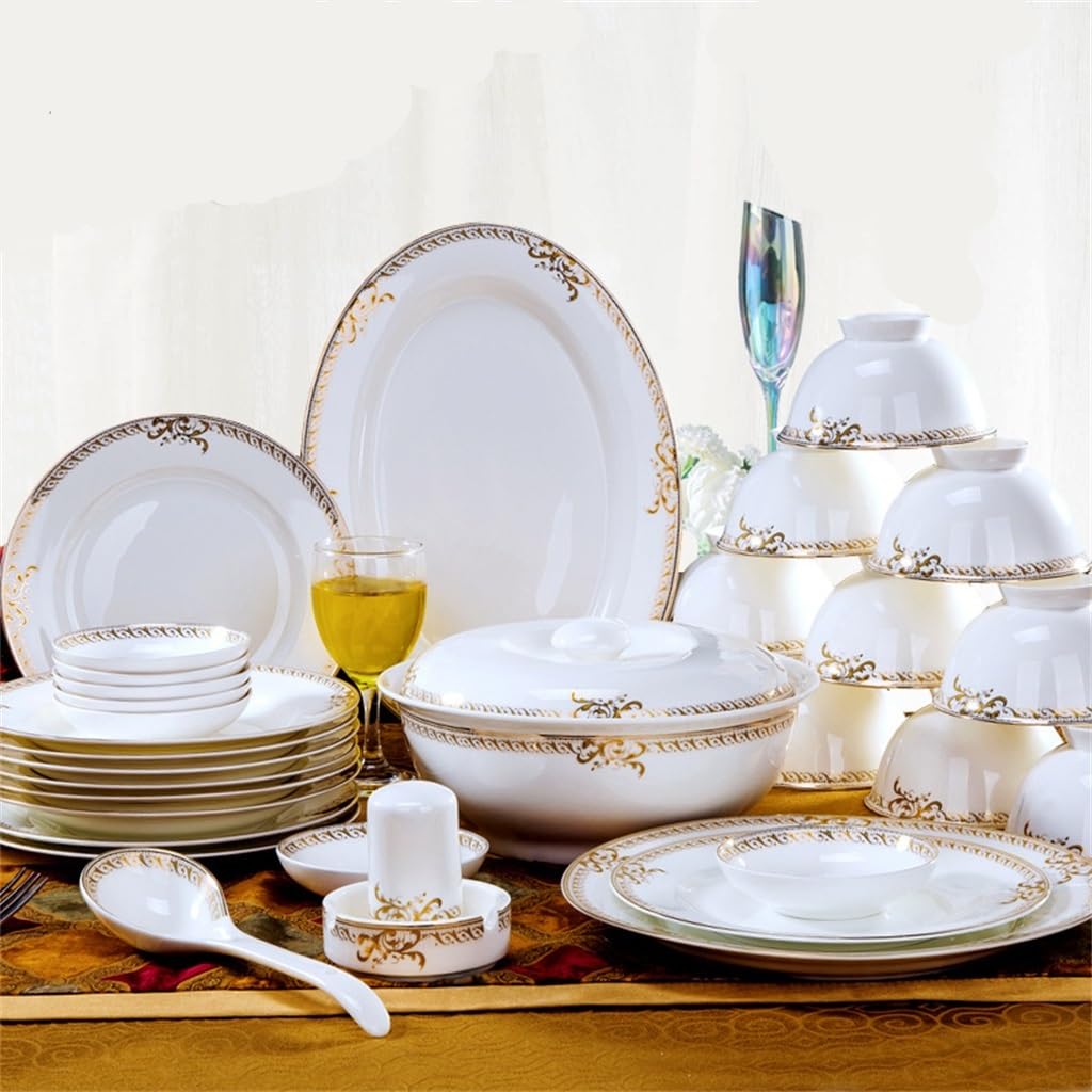 Amazon.co.jp: 食器セット 景徳鎮陶器食器 56点 金縁食器セット (D