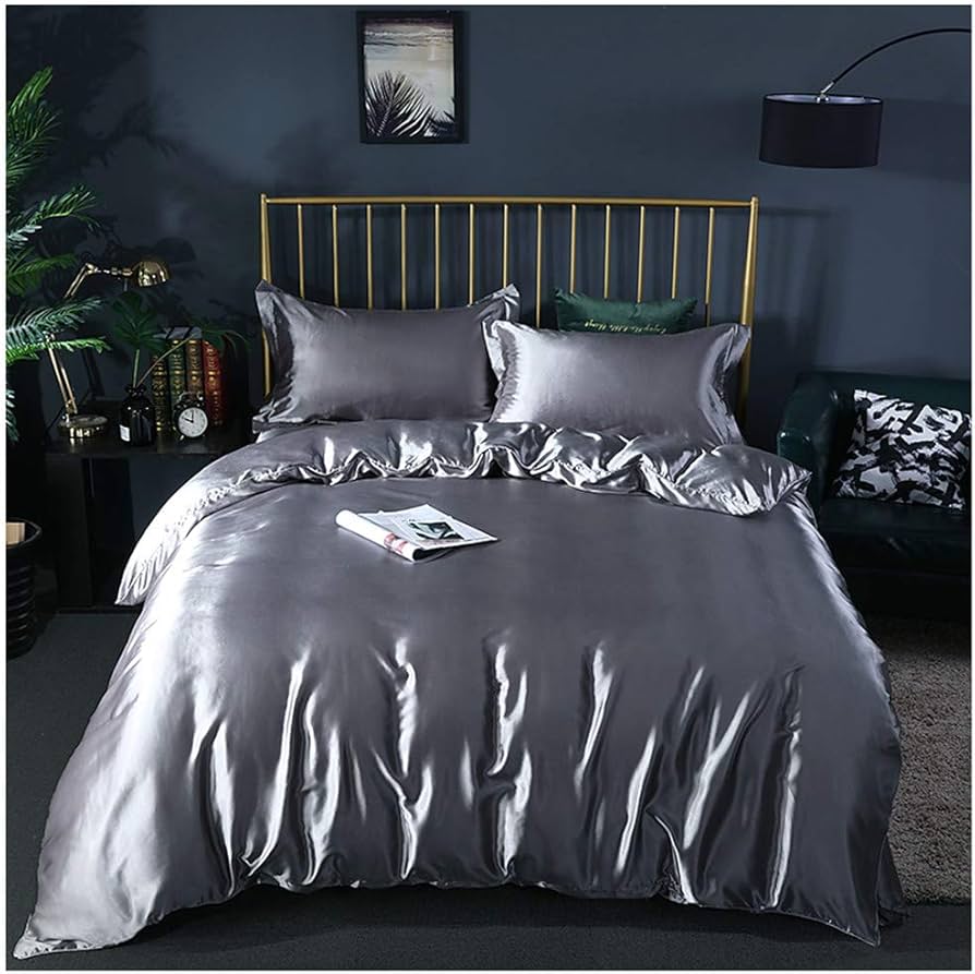 Amazon｜キングベッドカバー 4点セット シルクみたい光沢 グレー 寝具