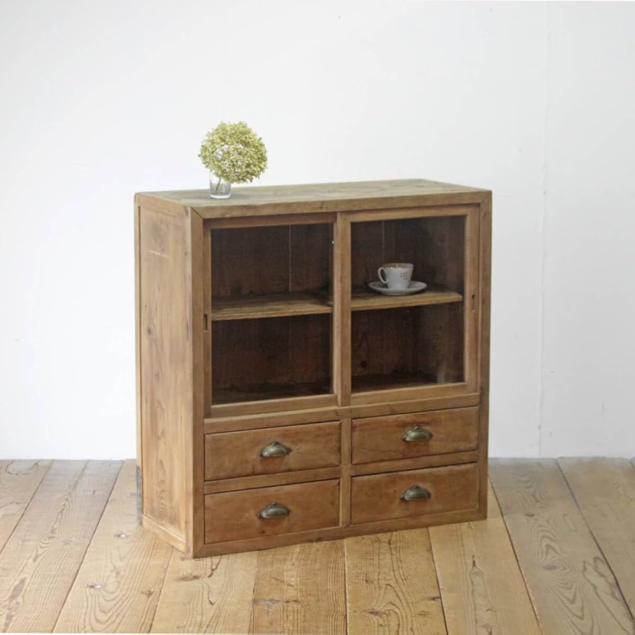 Amazon.co.jp: レトロ戸棚食器棚収納キャビネットガラス引き戸引き出し