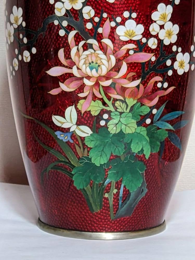 Amazon.co.jp: 七宝焼 赤透け 彫金 釉下 竹に梅花文 瓶 壺 花瓶