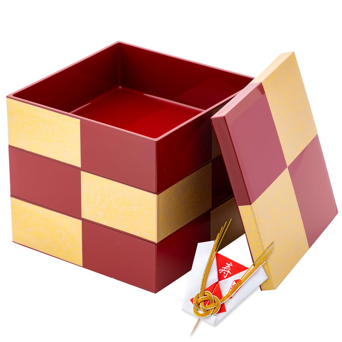 Amazon｜重箱 おせち 正月 三段 市松模様 朱金 五寸 (2～3人用) 外寸15