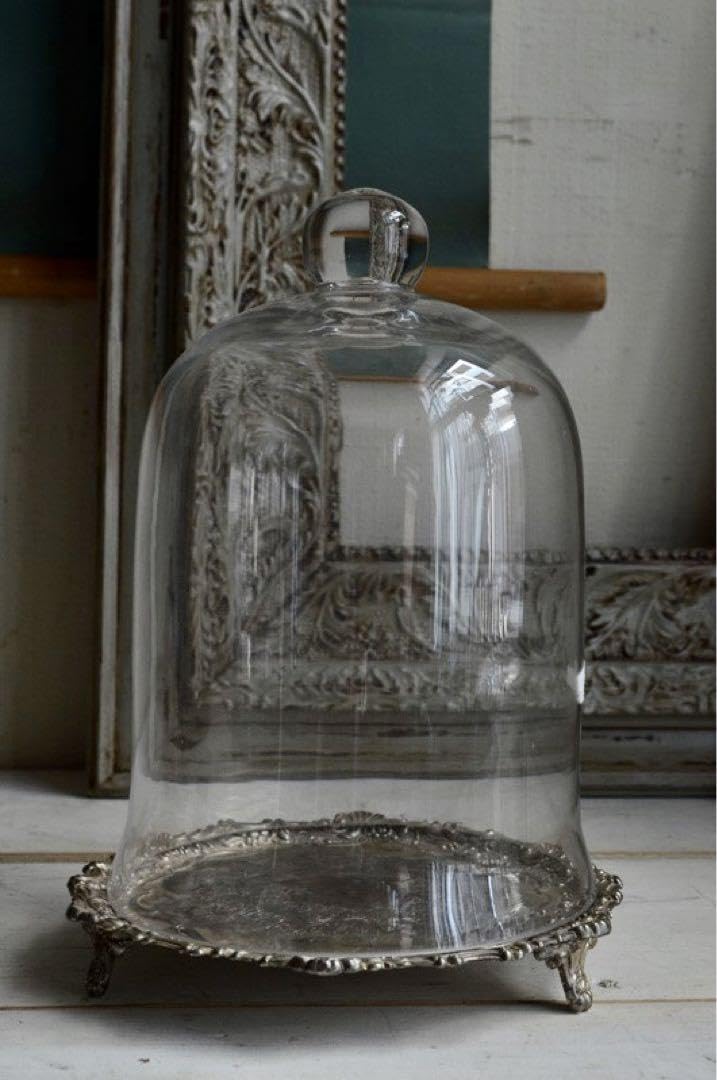 訳あり イギリス アンティーク☆ガラスドームH25cmシルバープレート