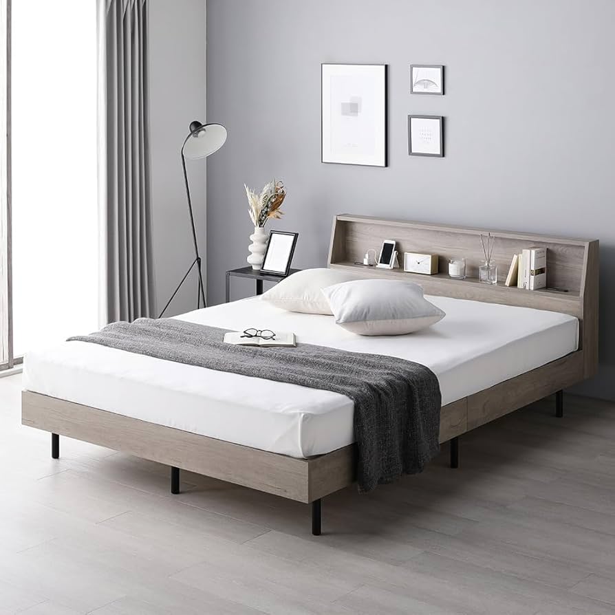 Amazon｜RASIK ベッド シングル フレームのみ グレージュ 棚付き