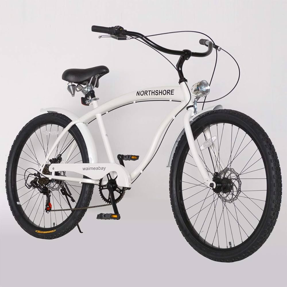 Amazon | (WHITE) ディスクブレーキ搭載 ビーチクルーザー 自転車