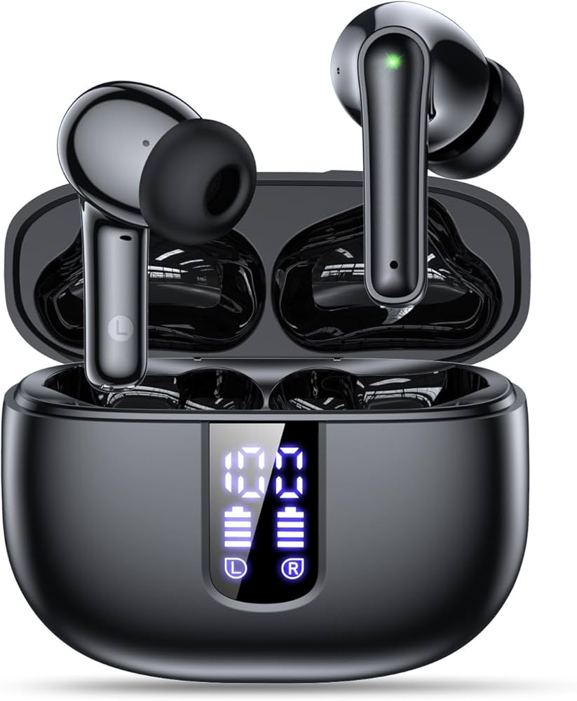 Amazon.co.jp: ワイヤレスイヤホン、ブラック、充電ケース付きイヤホン