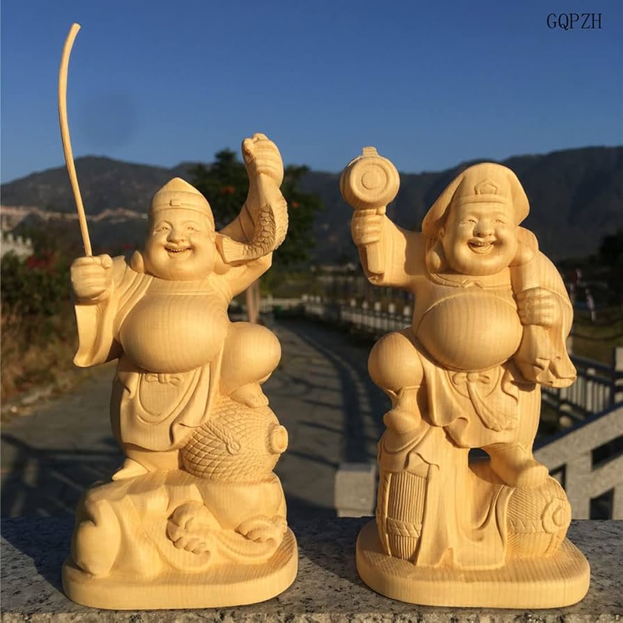Amazon｜木彫り仏像 【恵比寿・大黒天】桧木製 高14cm 大開運 七福神