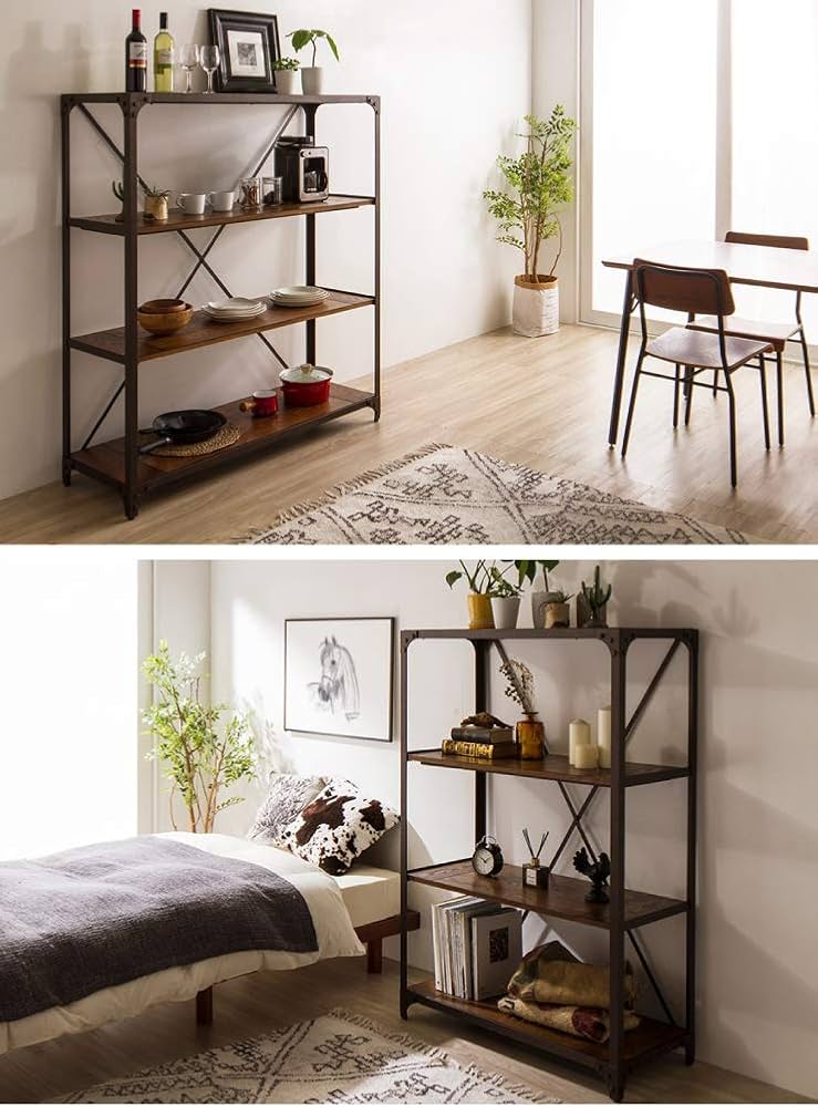 Amazon｜ビンテージラック 4段 木製 アイアンラック アンティーク調