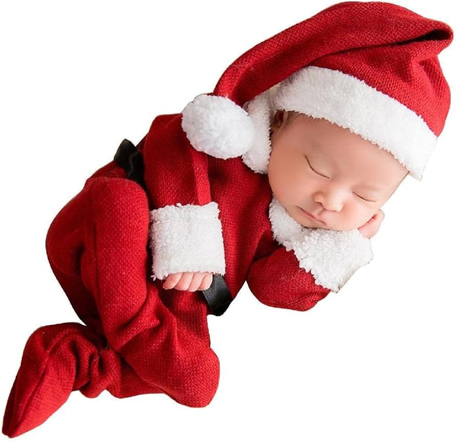 Amazon.co.jp: ベビー写真服 足付きパンツ サンタクロース帽子 新生児