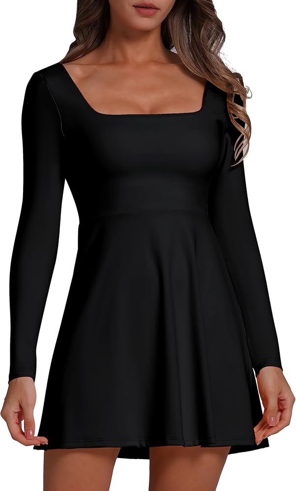 Amazon.com: Womens Square Neck Bodice Dress Long Sleeve Flare Mini