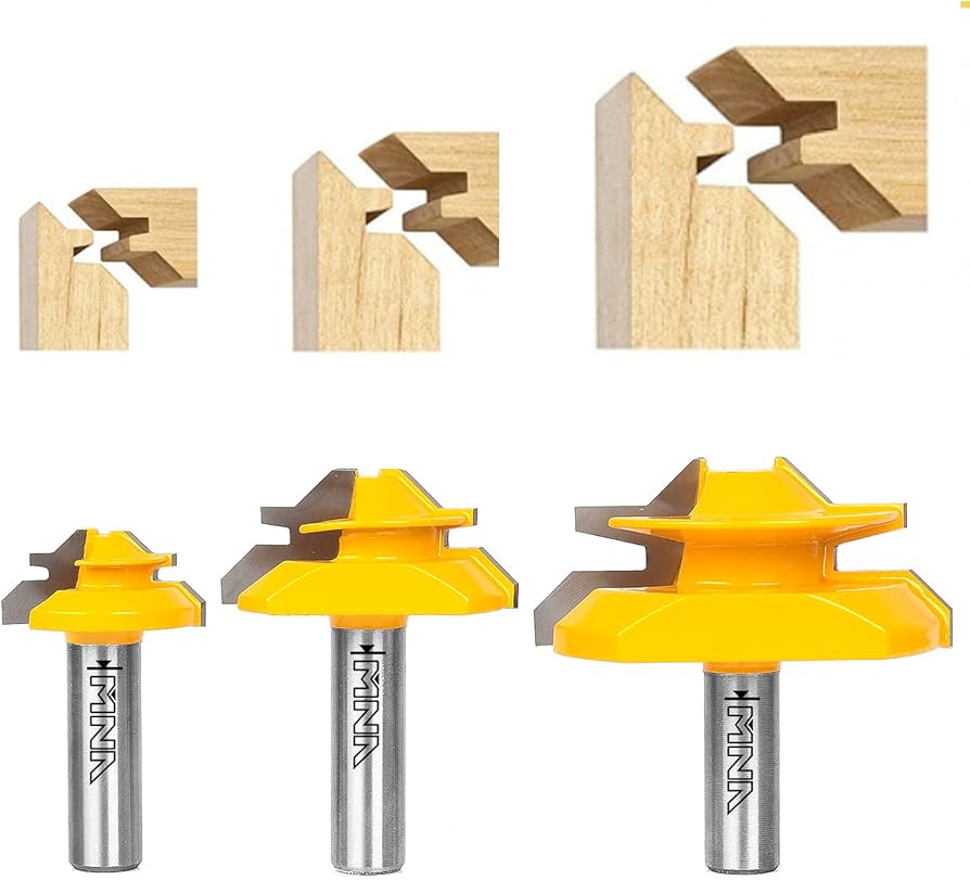 MNA 45 Degree Lock Miter Router Bit 3-Piece Set, for 1/2”, 3/4”, 1