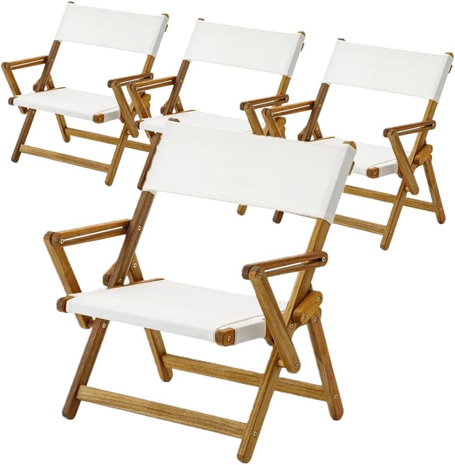 アウトドア折り畳みチェア 木製フレーム アイボリーファブリック 4脚