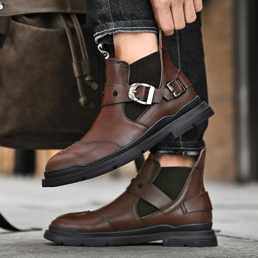 Amazon | [SEINIES] バックルベルト ショートブーツ メンズ 本革