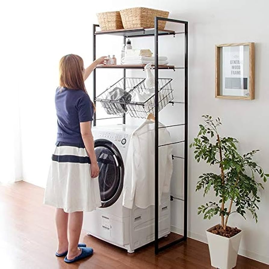Amazon｜伸縮 ランドリーラック ワイヤー バスケット付 棚 洗濯機