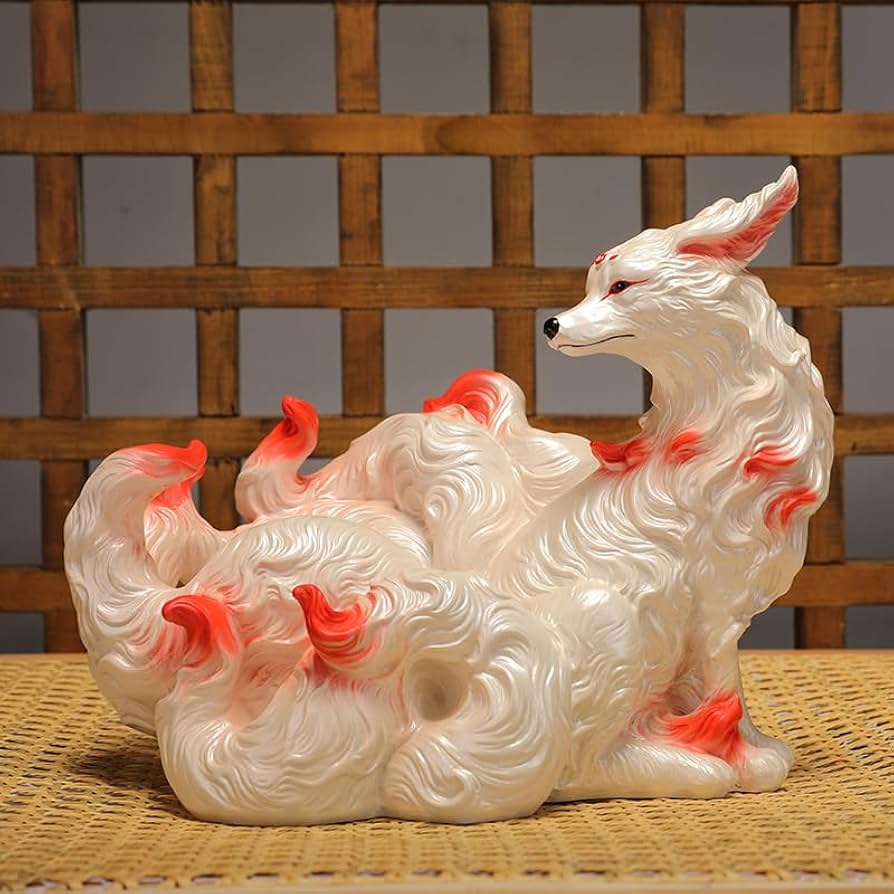 天然水晶 レインボー 彫刻 九尾狐 置物 台座付き 天然水晶 レインボー