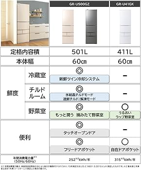 Amazon | 東芝 冷蔵庫 幅60.0㎝ 501L 右開き GR-U500GZ(ZH) アッシュ