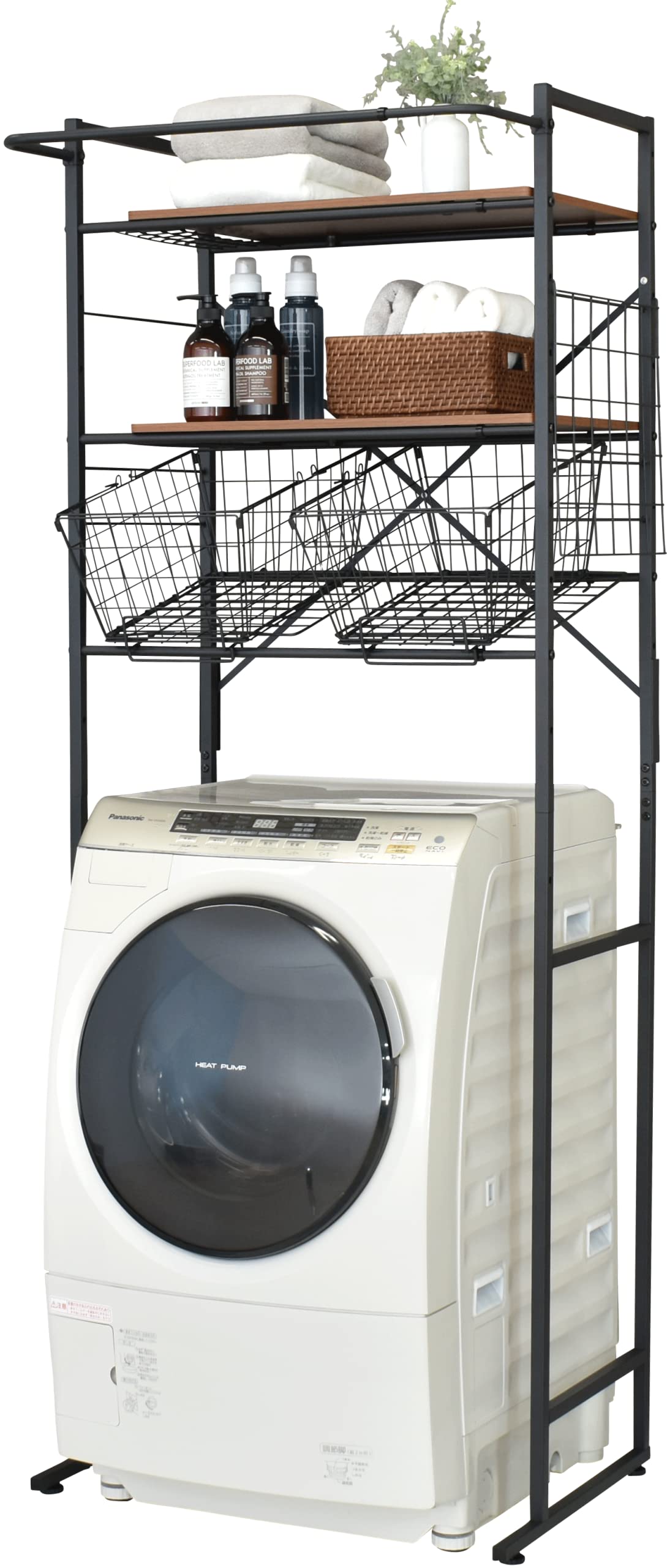 Amazon｜ekans(エカンズ) 棚付きランドリーラック バスケット＋棚2段