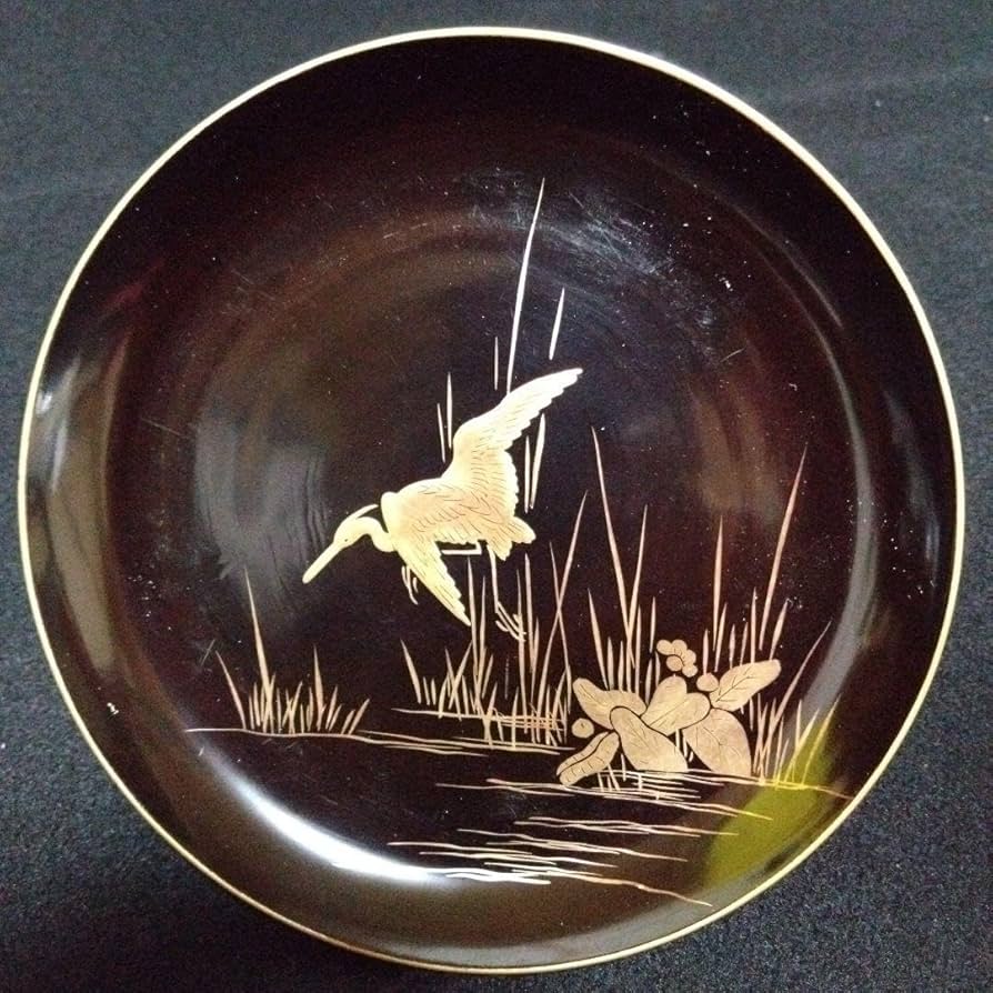 Amazon.co.jp: 漆器輪島塗 江戸期 金蒔絵 金縁 本漆塗 天然木 白鷺紋様