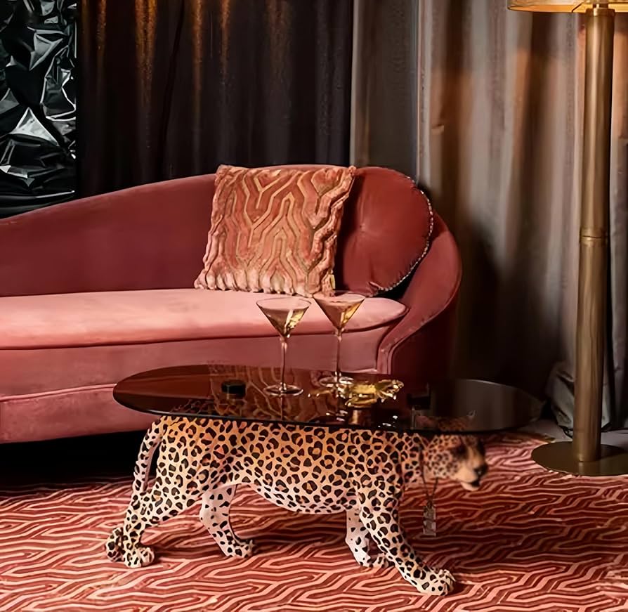 Amazon.co.jp: ヒョウ柄コーヒーテーブル楕円形ガラス付き現代強化