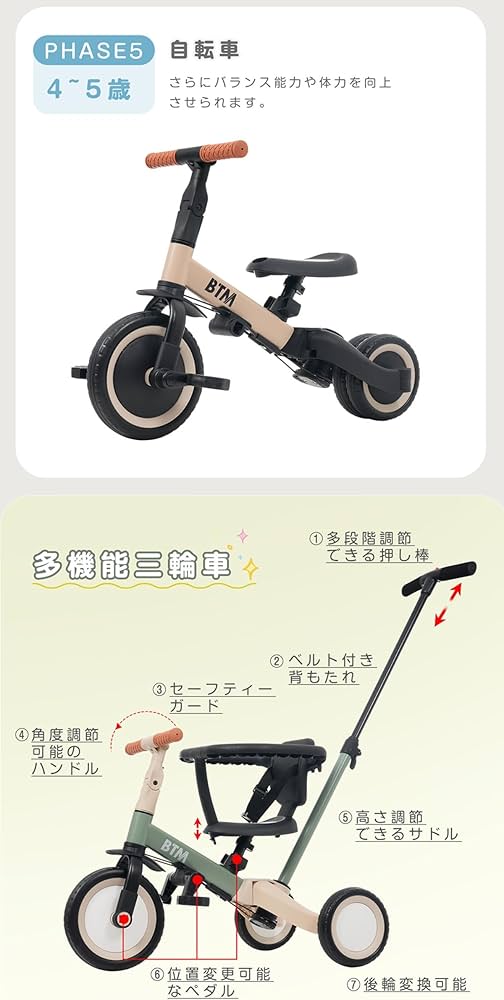 Amazon.co.jp: BTM 子供用三輪車 4in1 自転車 オリジナル 押し棒付き