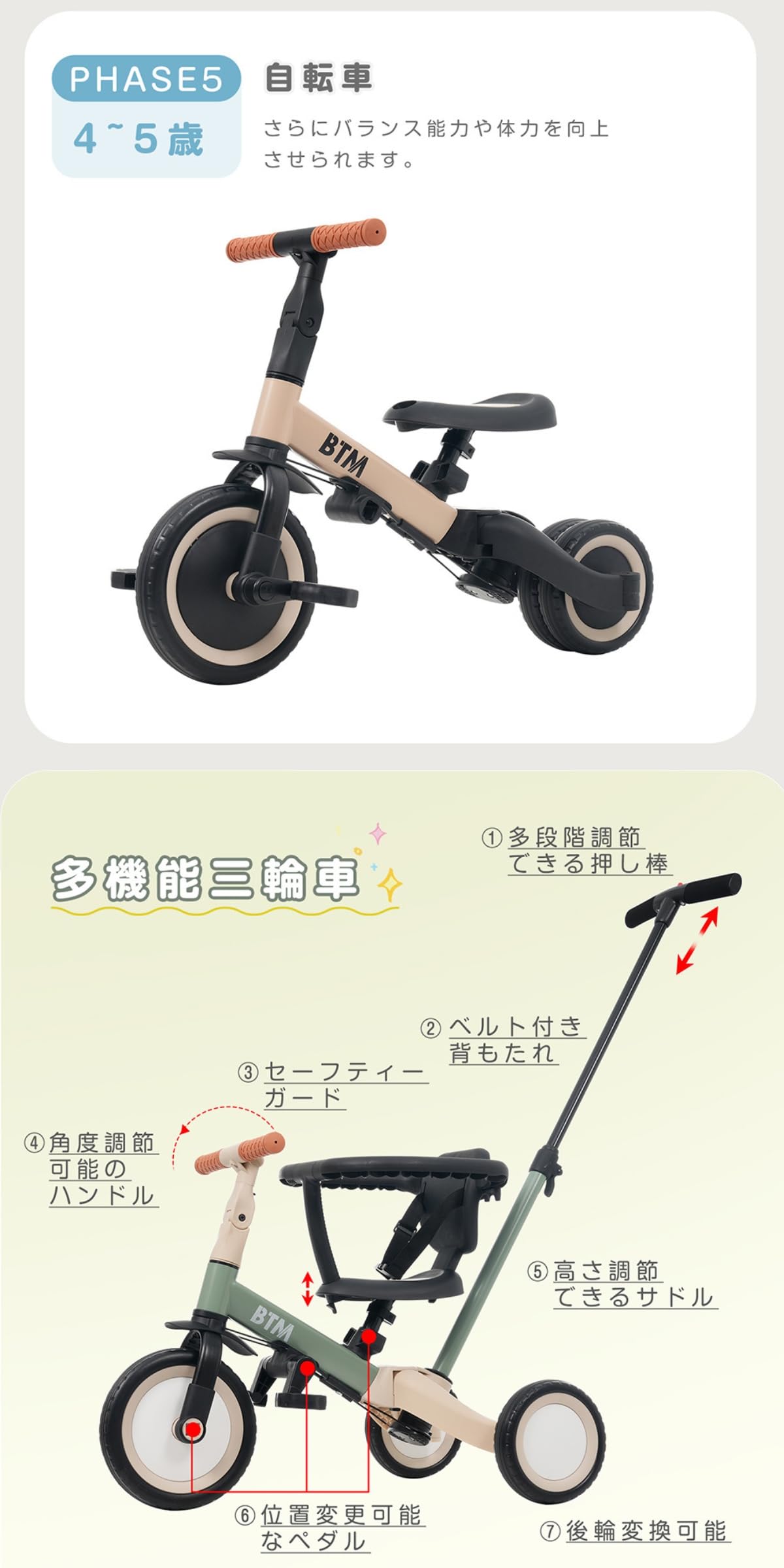 Amazon.co.jp: BTM 子供用三輪車 4in1 自転車 オリジナル 押し棒付き
