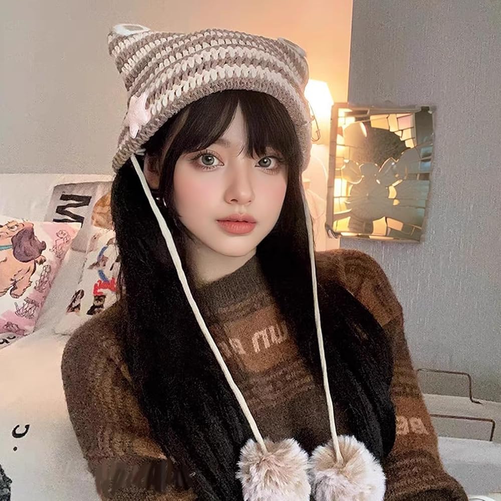 Amazon | [LANGYU] 猫耳ニット帽 秋冬 スキー帽子 レディースニット帽