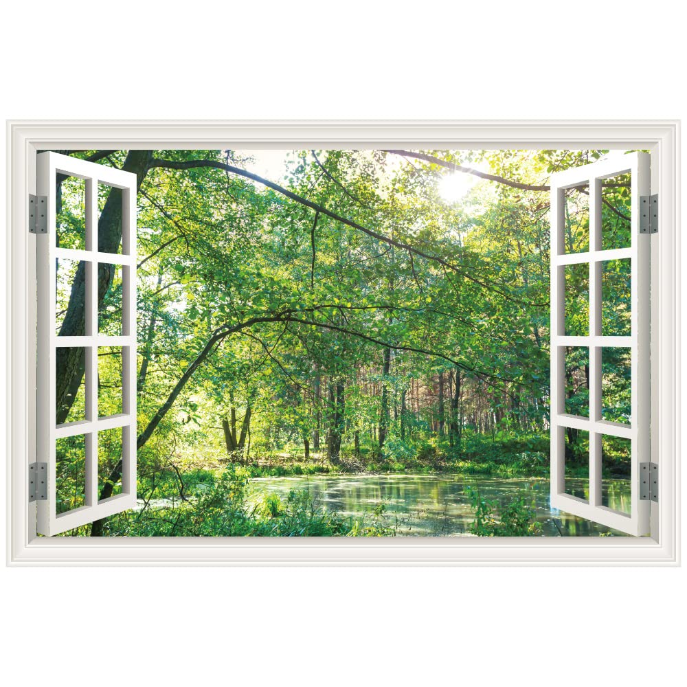 Amazon.co.jp: ウォールステッカー 森林 窓枠 日本製 木 新緑 山 湖 沼