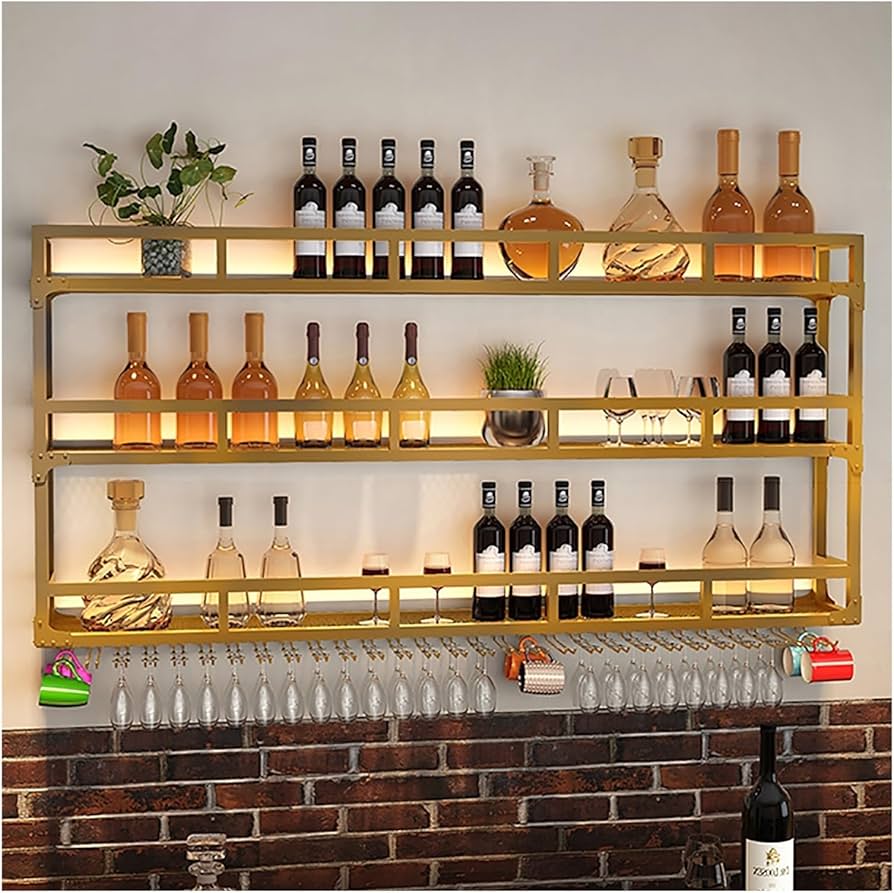 Amazon｜酒ボトル陳列棚、ガラスホルダー付き壁ワインラック、棚