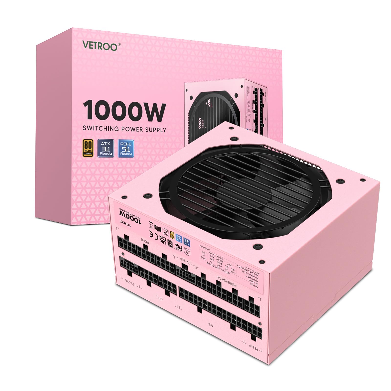 Amazon | Vetroo 1000W Pink Power Supply ATX 3.1 Ready Dual PCIe