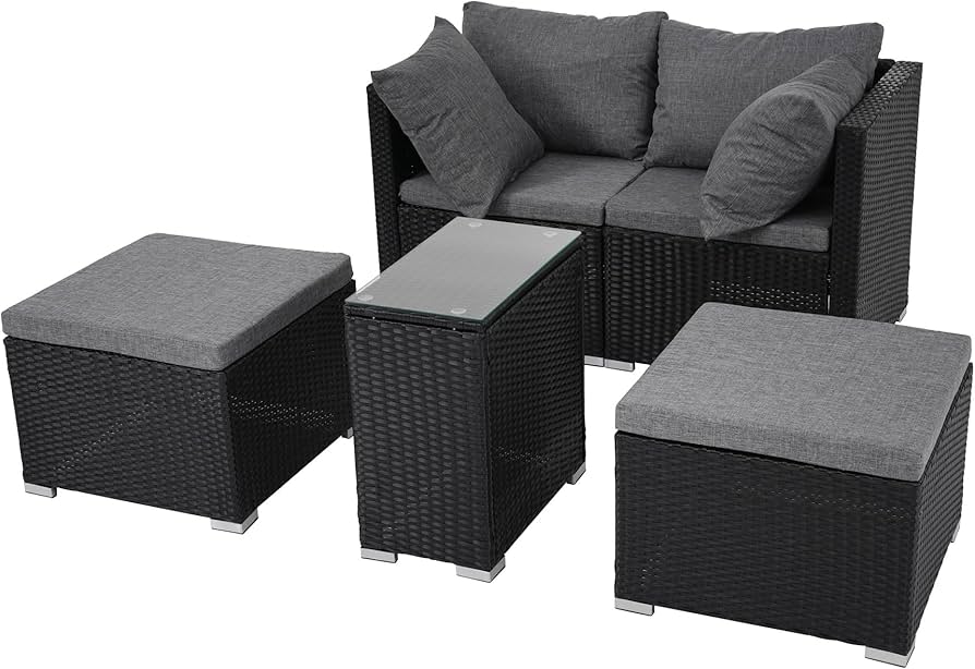 Amazon｜ラタン調 ガーデンファニチャー 5点 積み重ねて収納できる