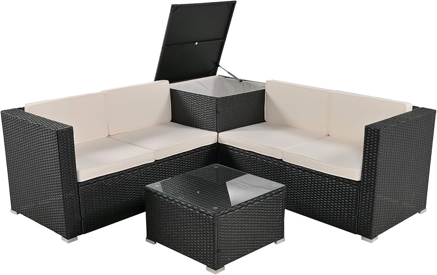 Amazon.co.jp: ラタン調 ガーデンファニチャー 4点セット 収納付き