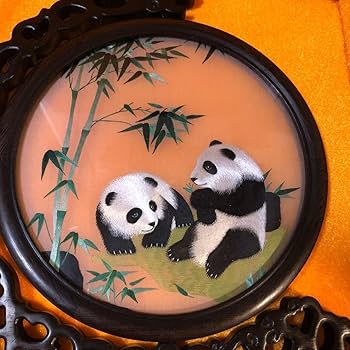 Amazon.co.jp: 中国民芸品 パンダ 両面刺繍 置物 中国蘇州伝統工芸品