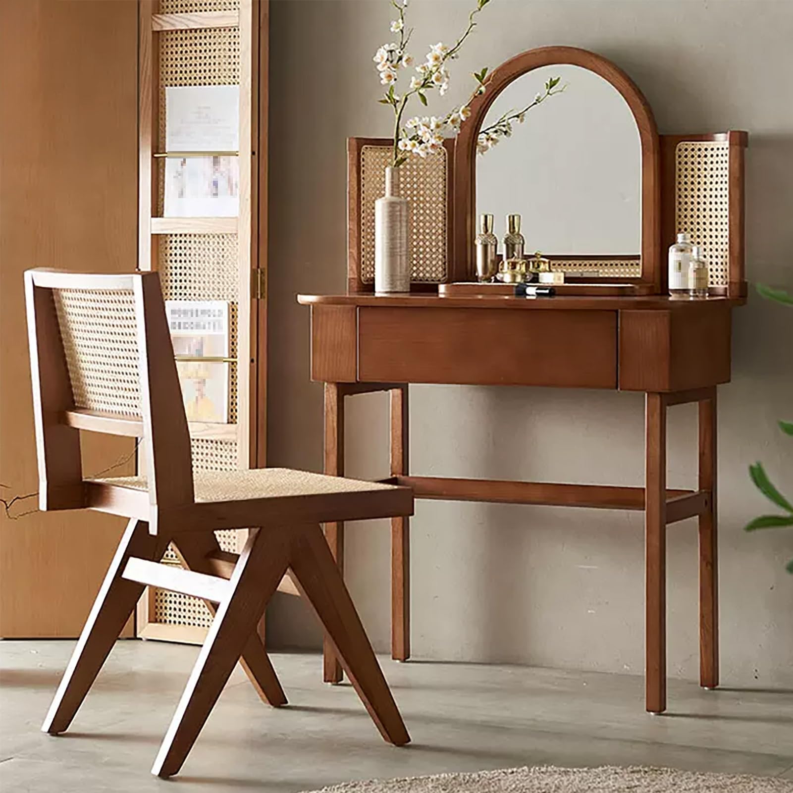 Amazon｜JIAOCKJIAO ラタン製化粧台、取り外し可能なミラー付き