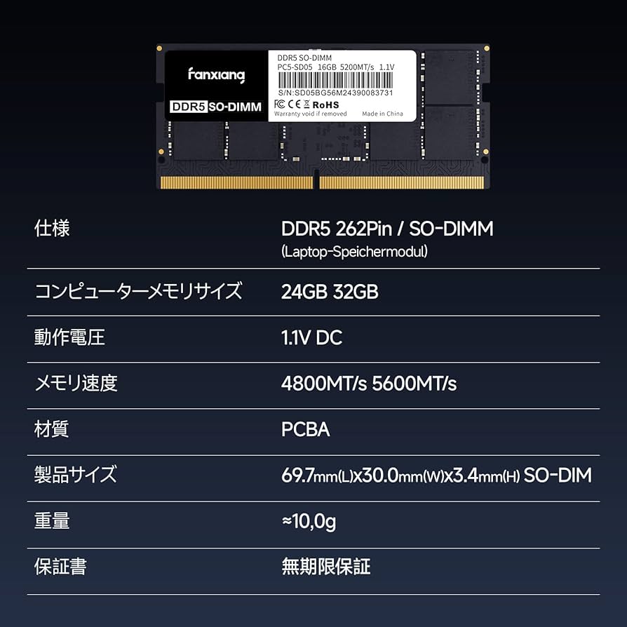 Amazon.co.jp: Fanxiang DDR5 64GB(2x32GB)5600MHz RAM ノートPC用