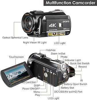 Amazon | ORDRO AC3ビデオカメラウルトラHD 4kカムコーダー、マイク