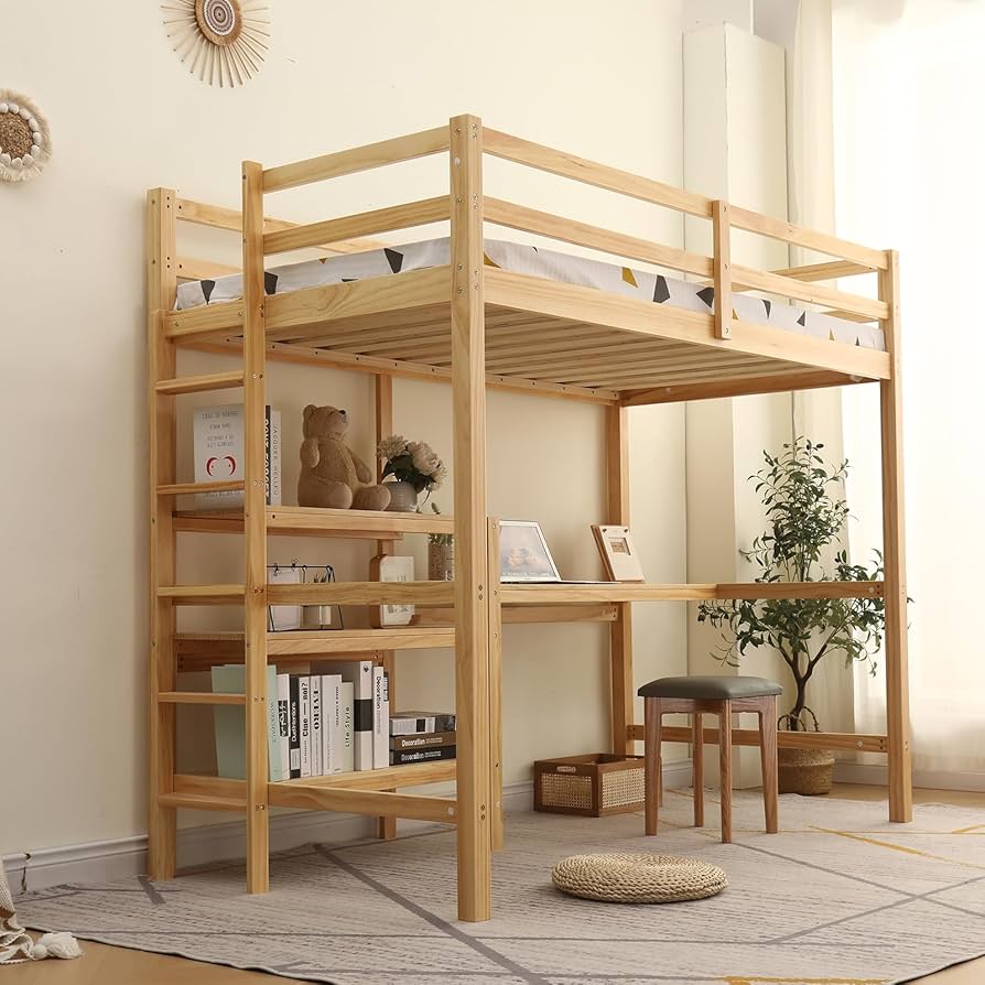 Amazon.co.jp: ロフトベッド 木製 デスク付く ハシゴ 棚 階段付き