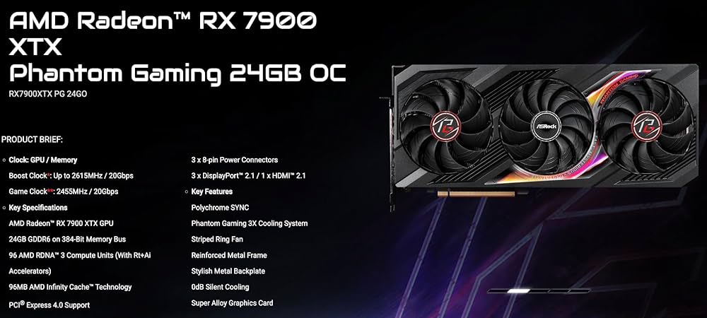 Amazon | ASRock Phantom Gaming Radeon RX 7900 XTX 24GB OC GDDR6