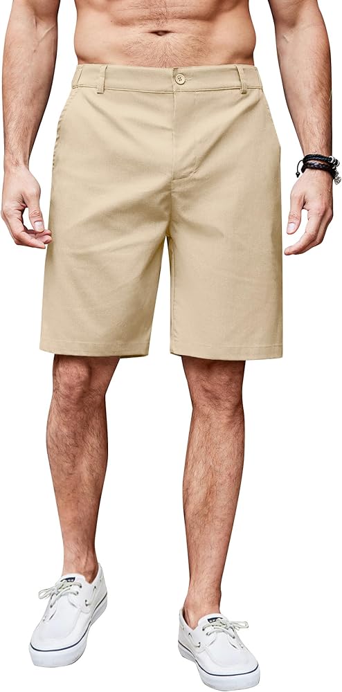COOFANDY Mens Khaki Shorts Linen Flat Front Shorts Elastic Waist