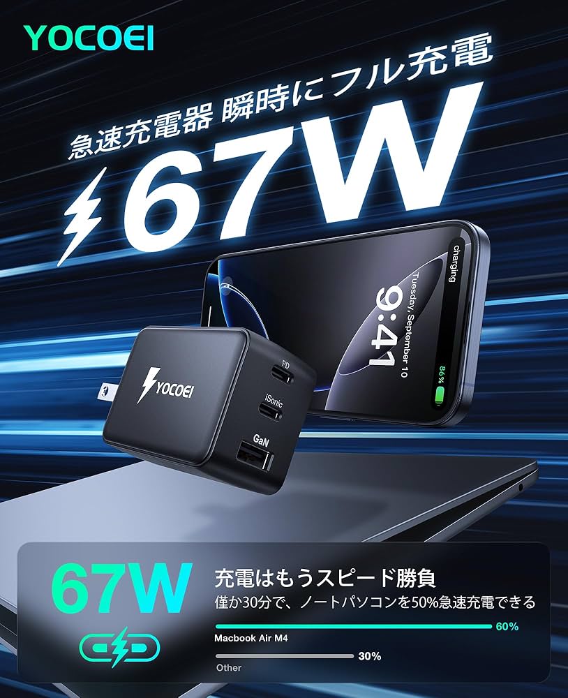 Amazon | YOCOEI 67W PD充電器 (GaN II +iSonic技術/2ポートUSB-A