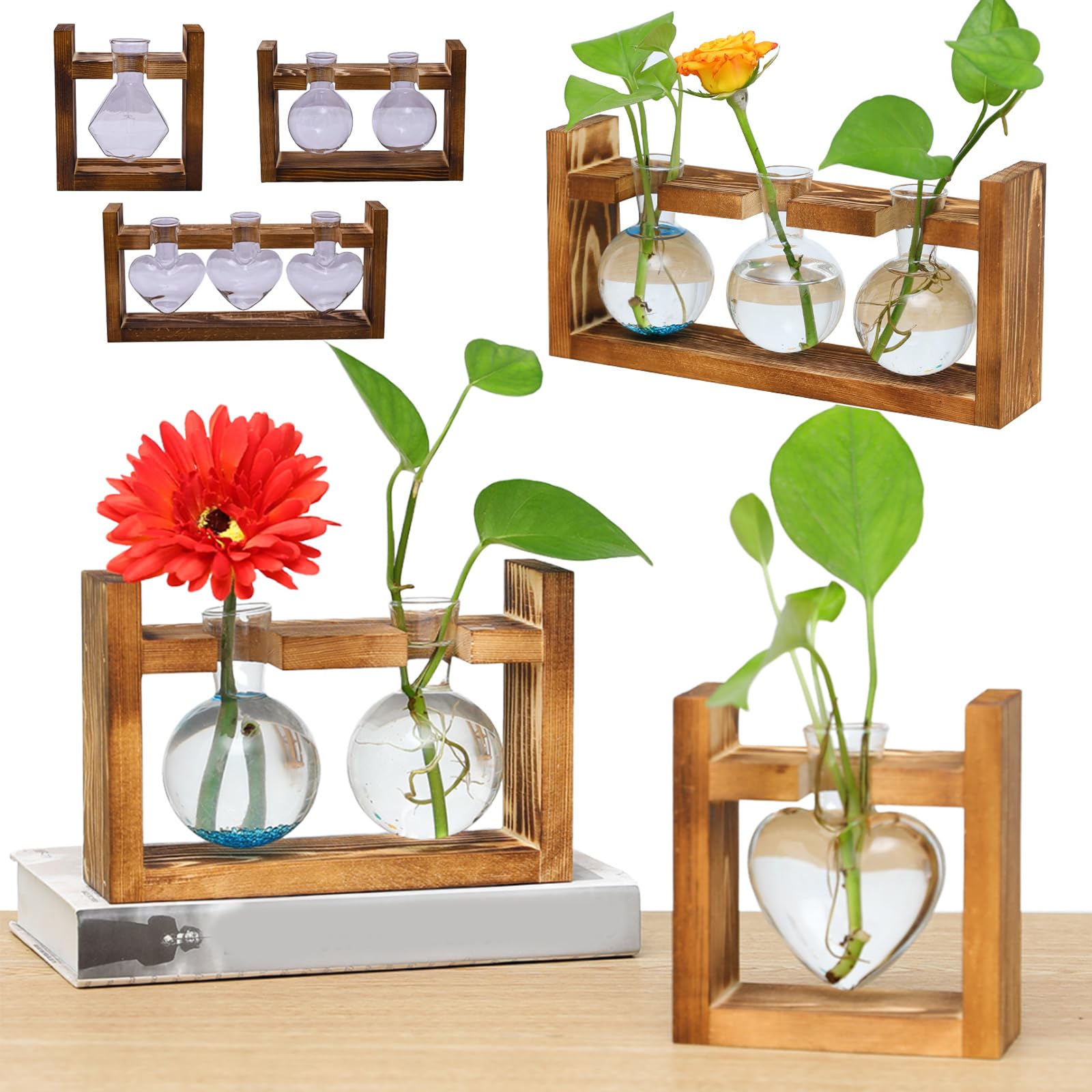 Amazon.co.jp: フラスコ 花瓶 ガラス 木製 フラワーベース 水耕栽培