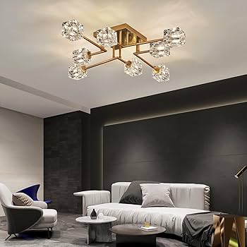 Qgiytp Vintage Gold Semi Flush Mount Ceiling Light 8-Light Glass