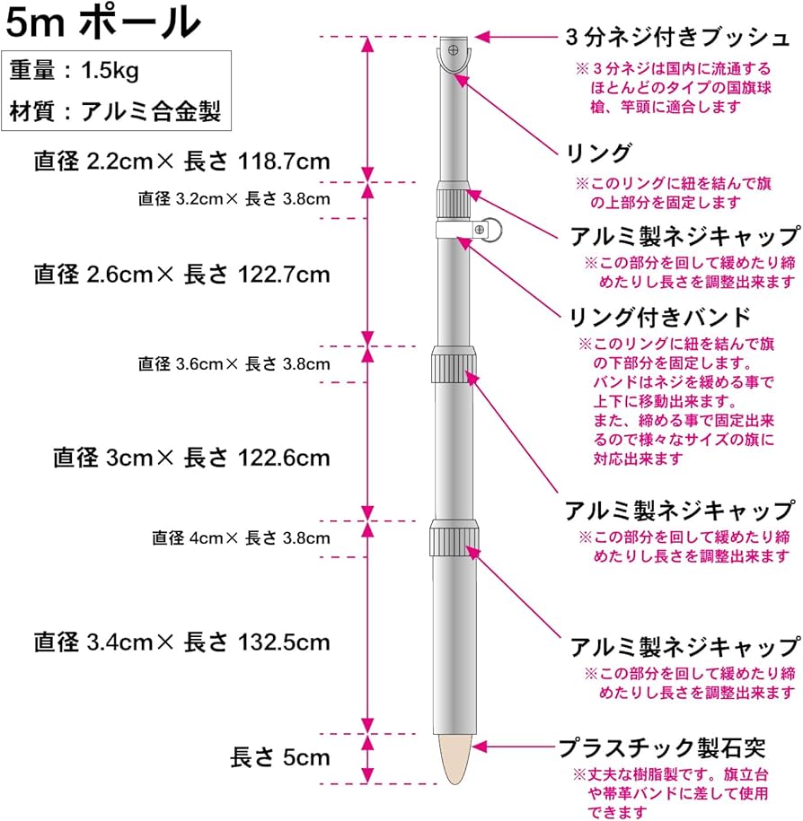 Amazon | [旗用 伸縮式 アルミポール 5m] 伸縮 旗 国旗 社旗 応援旗