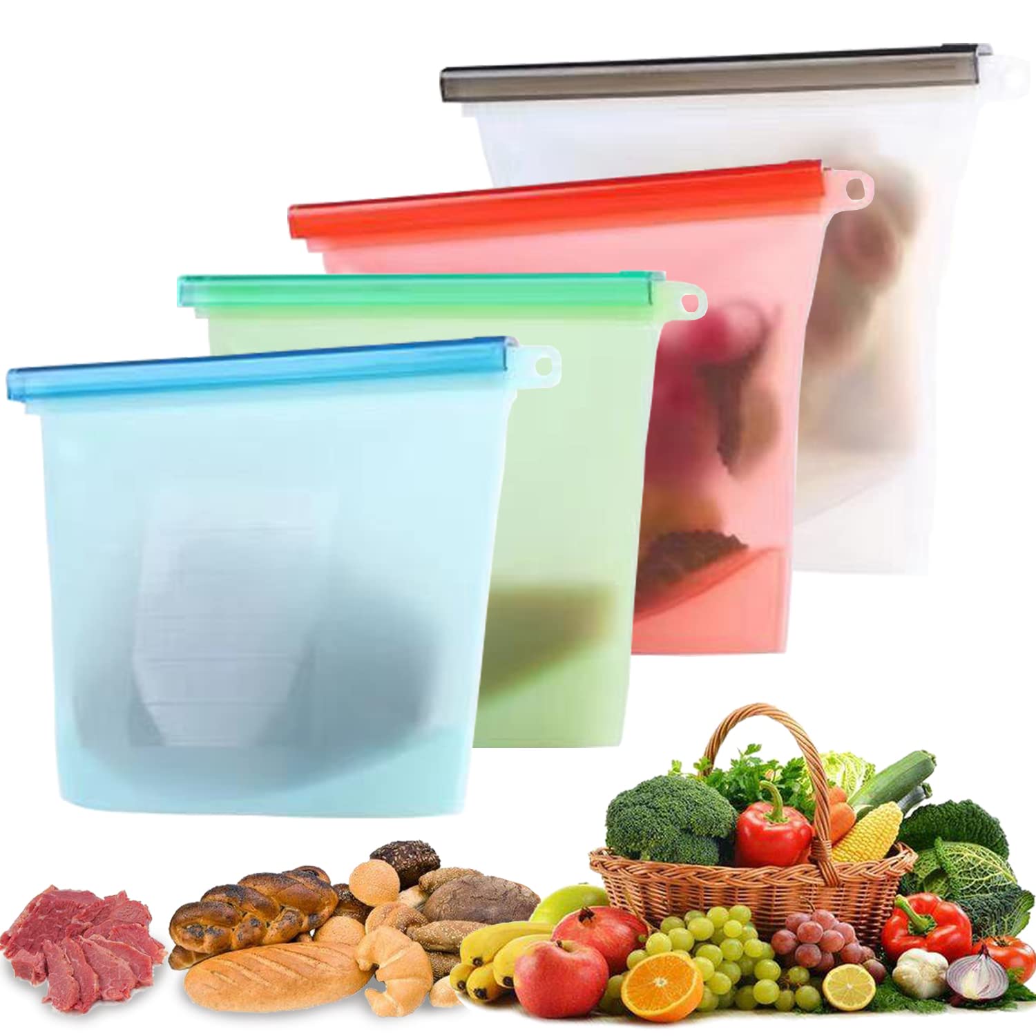 Amazon｜シリコン食品保存パック ジップバッグ 4個1000ML 再利用可能な